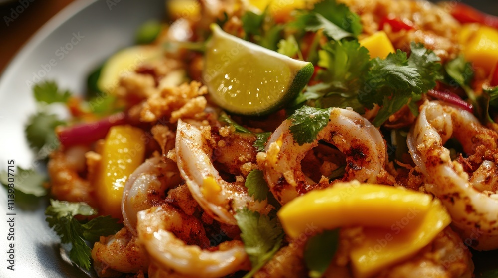 Spicy grilled seafood salad with mango and lime. Spicy grilled seafood salad with mango and lime.