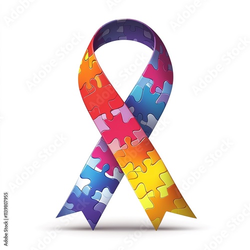 Vibrant colorful puzzle ribbon design for Autism Awareness Day. Abstract marketing background featuring vivid jigsaw pieces symbolizing diversity and inclusion. Ideal for awareness campaigns, educatio photo