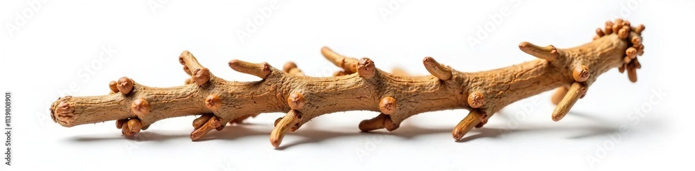 single dried valerian root on white background with shallow depth of field effect, isolated, botanical, plant single dried valerian root on white background with shallow depth of field effect, isolated, botanical, plant