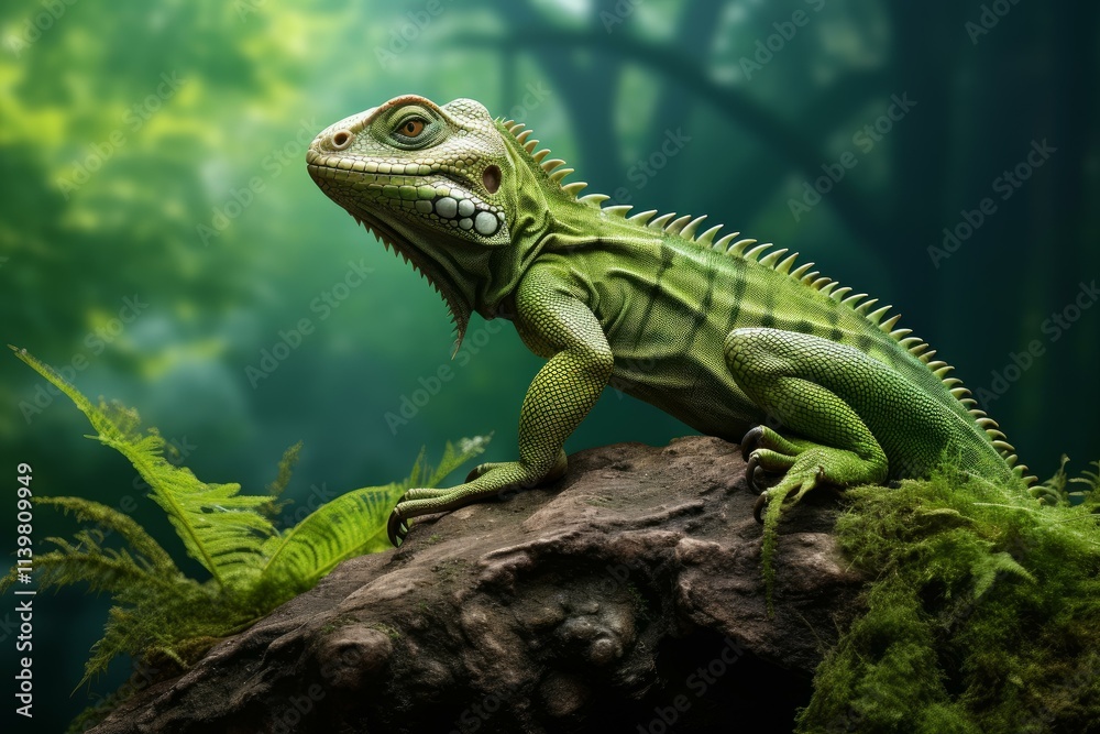 Majestic green iguana perched on a rock amidst lush foliage, showcasing the vibrant beauty of rainforest wildlife Majestic green iguana perched on a rock amidst lush foliage, showcasing the vibrant beauty of rainforest wildlife