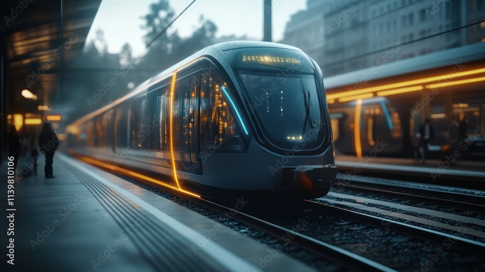 Fototapeta premium Futuristic train on tracks with glowing digital icons for live streaming and social media services, symbolizing smart cities and AI driven transportation technology