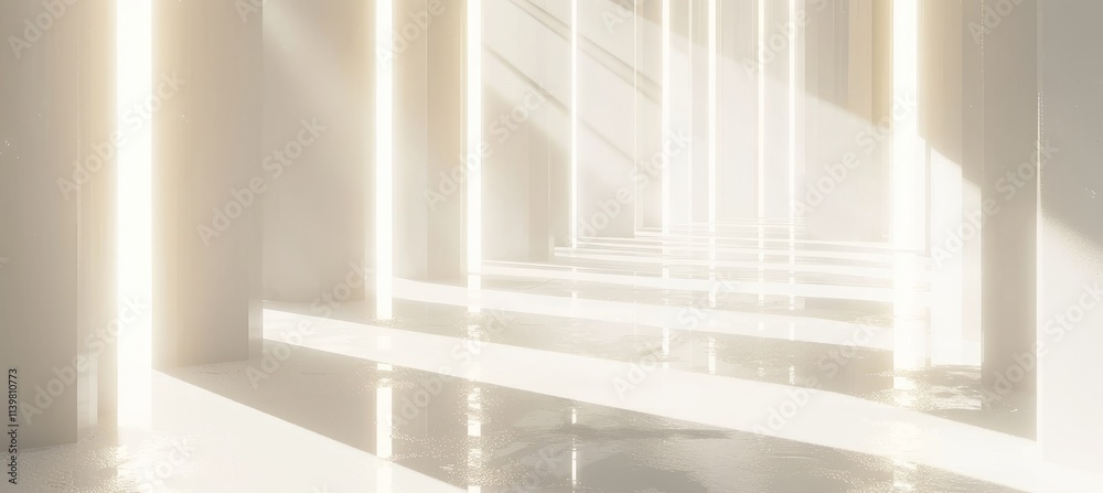 Obraz premium Abstract White Vertical Glass Striped Wall Background with Reflection Interior Room. A white Empty room Surreal Minimalistic style morning light copy space, Abstract col our background with lines