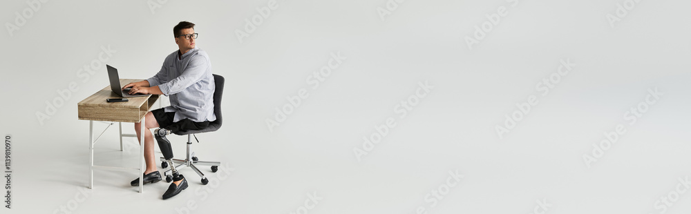 Handsome young man sits at desk, focused on laptop with a prosthetic leg visible. Handsome young man sits at desk, focused on laptop with a prosthetic leg visible.