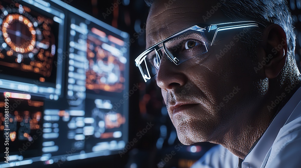 Scientist in Glasses Looking at a Screen: 16K Resolution Image Scientist in Glasses Looking at a Screen: 16K Resolution Image