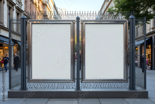 Double empty commercial or information banners mounted on metal fence at city street outside photo