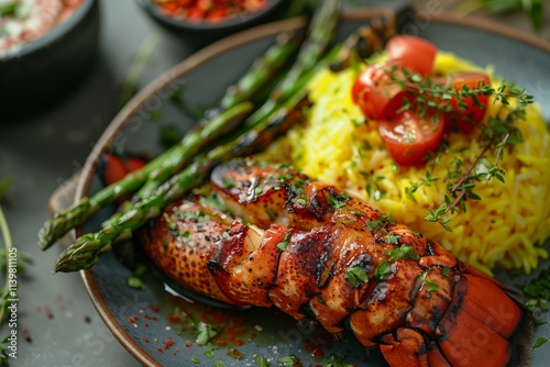 Delicious grilled lobster served with yellow rice, asparagus, and cherry tomatoes.