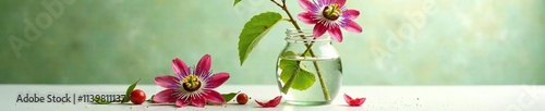 Maypop passionflower blooms in a shattered glass jar on white surface, greenery, maypop photo