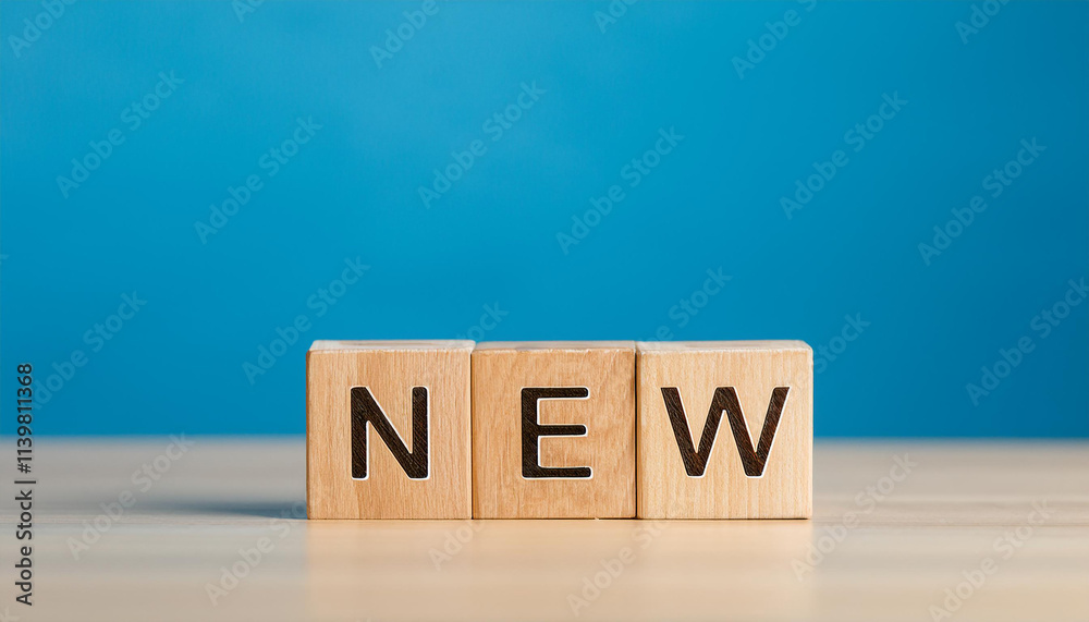 Word NEW on wooden cubes. Wood blocks.