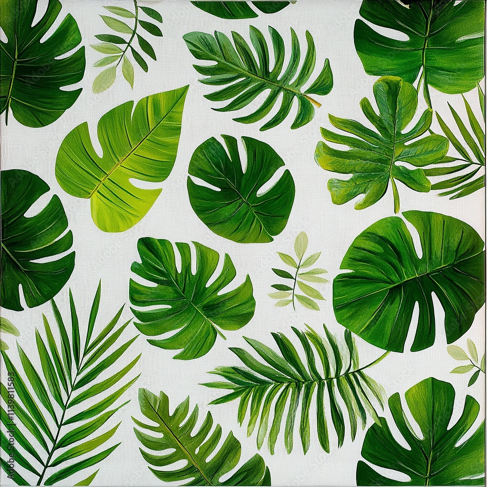 Fototapeta premium Layered tropical green leaves scattered over a white canvas