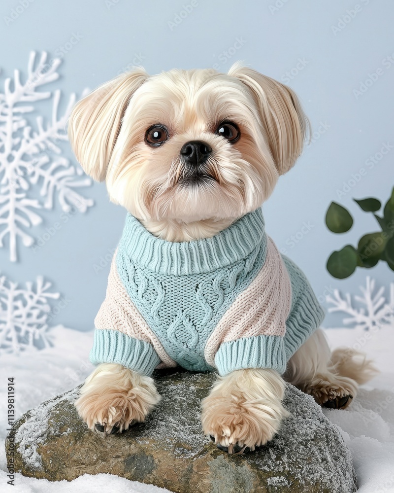 custom made wallpaper toronto digitalDog wearing sweater concept in snowy play setting. A cute dog in a sweater sits on a rock amid winter decor