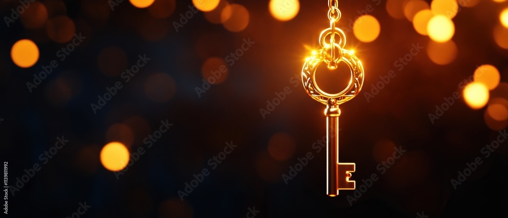 A golden key hangs against a dark background, illuminated by warm bokeh lights, symbolizing mystery and new opportunities. A golden key hangs against a dark background, illuminated by warm bokeh lights, symbolizing mystery and new opportunities.