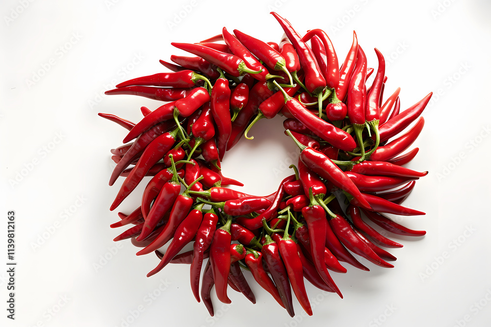 Naklejka premium Photography of Red Hot Chili Peppers Keep Circle Around Center, Vibrant Spice Collection for Food Blogs, Recipes, Spice Packaging, E-commerce, Cookbooks, Ads, Social Media, Branding