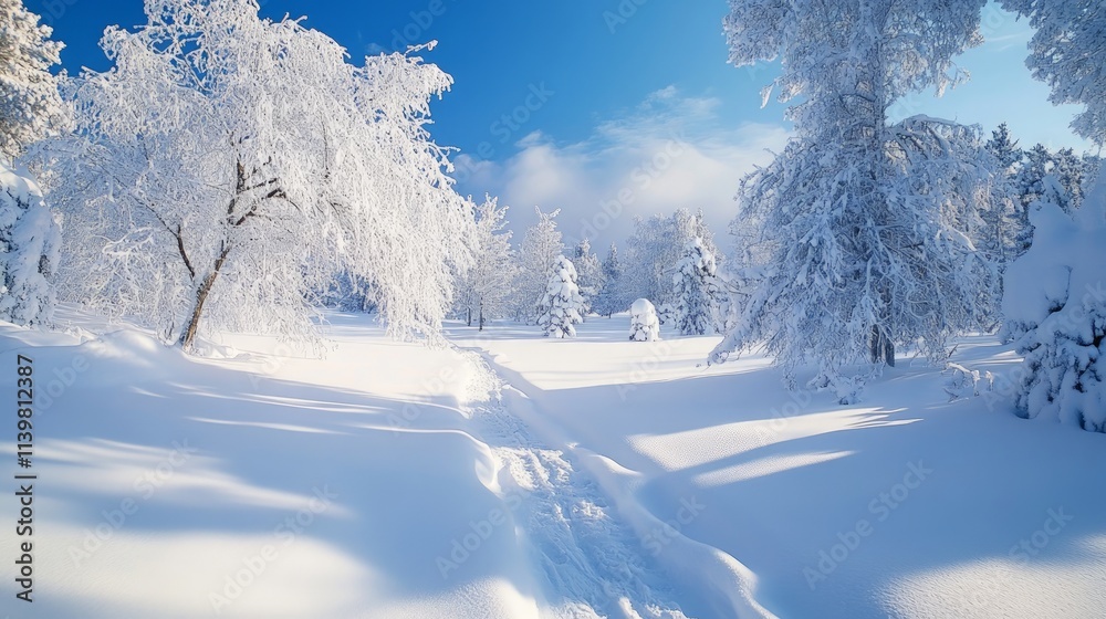 Obraz premium Joyful Winter Wonderland with Snow-Covered Trees and Blue Sky