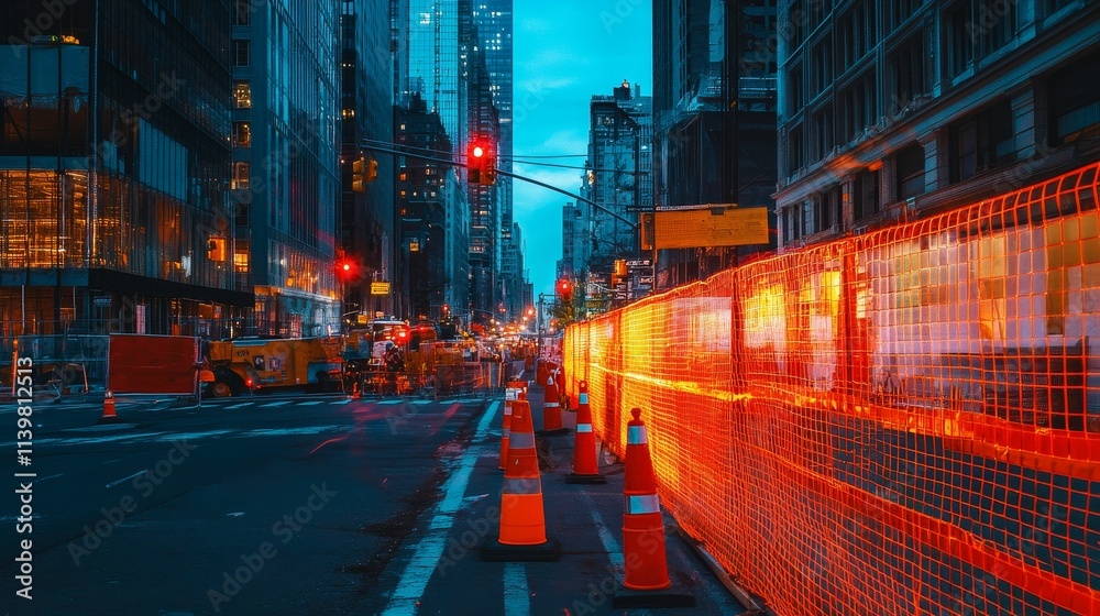 Obraz premium City street construction, illuminated night scene.