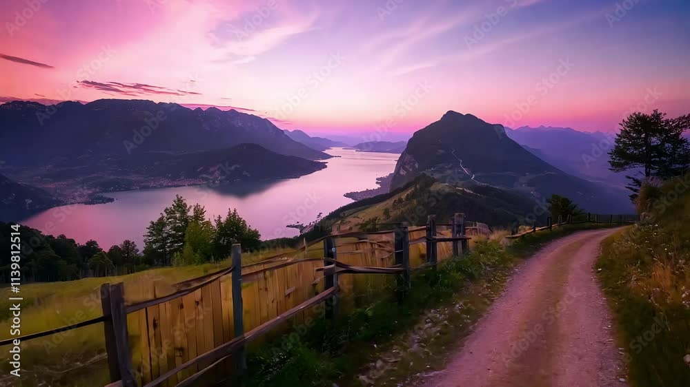 custom made wallpaper toronto digitalMountain path leading to serene lake with vibrant sunset sky