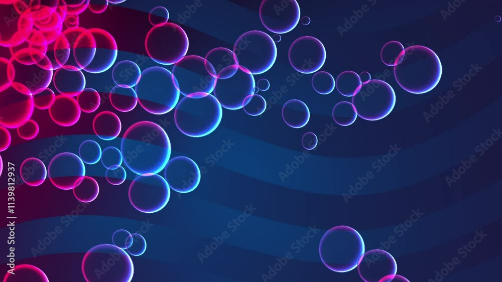 Glowing pink and blue bubbles over dark blue wavy lines; perfect for futuristic, abstract, technology, or sciencethemed design projects