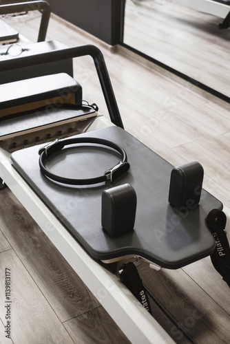 Equipment for pilates on reformers. No people. Empty gym space for training and sport activities 