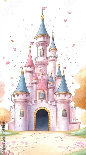 A whimsical, fairytale castle with a pathway leading to the front entrance, surrounded by pink petals and green grass. photo