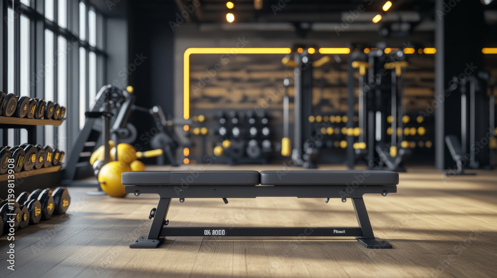 Adjustable workout bench in modern gym surrounded by dumbbells, kettlebells, and fitness equipment, with sleek interior design and warm lighting creating motivational atmosphere