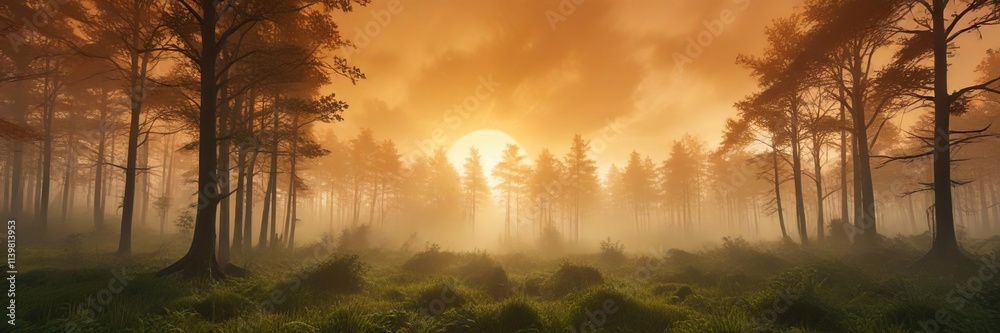 Swirling orange mist over a serene green forest, orange, gradient, mist Swirling orange mist over a serene green forest, orange, gradient, mist