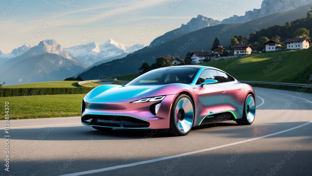 Naklejka premium Futuristic electric car driving through alpine landscape in daylight
