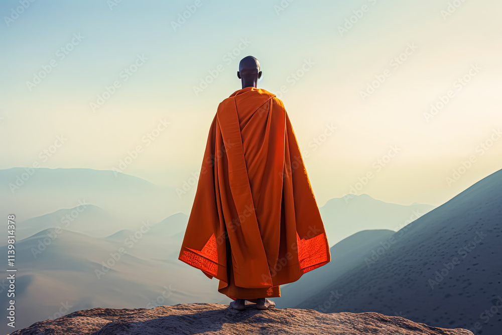 Monk stands on a mountain top, wearing an orange robe Monk stands on a mountain top, wearing an orange robe
