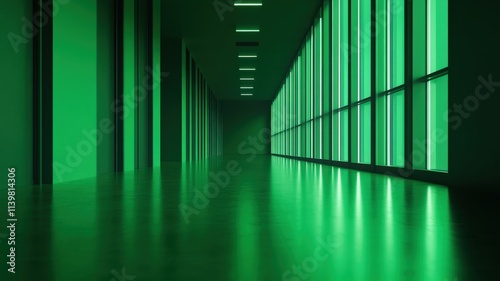 energy efficiency lighting optimization concept. Modern corridor illuminated with vibrant green lighting.