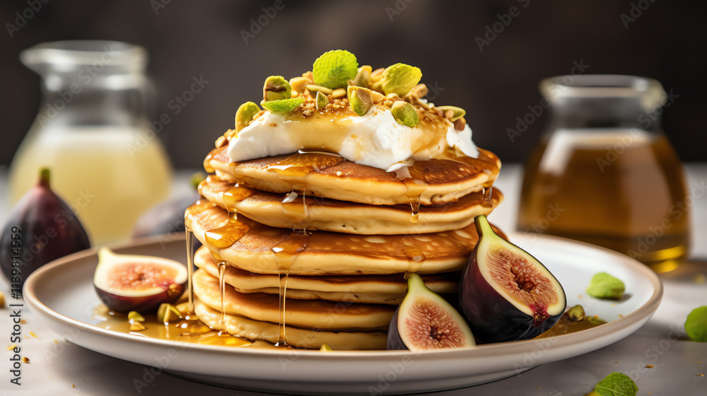 Fluffy pancakes with fresh figs and honey drizzle Fluffy pancakes with fresh figs and honey drizzle
