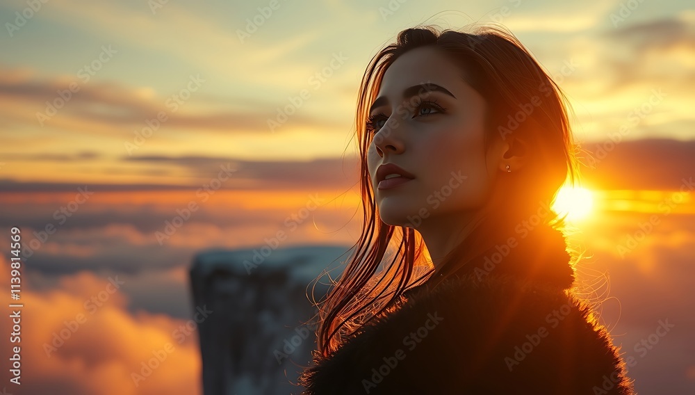 Woman Silhouette Against Sunset Sky Golden Hour