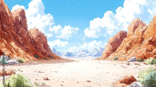 A wide, sandy canyon with red rock cliffs, a distant mountain range, and a blue sky with white clouds. photo