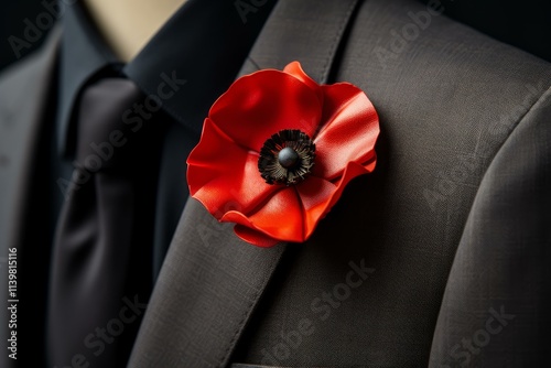 Red poppy flower symbolising armistice and peace pinned on elegant dark suit lapel, commemorating remembrance day photo