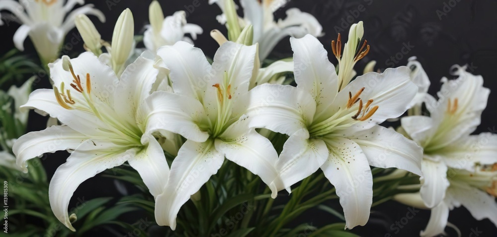 Fototapeta premium Pure white Asiatic lily flowers on floral background , garden flowers, wedding flowers, asiatic lilies