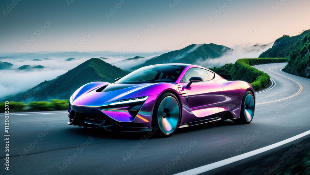 Obraz premium Spectacular car driving on scenic mountain road at sunrise
