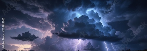 Majestic thunderstorm cloud in the darkening blue sky, intense, majestic photo