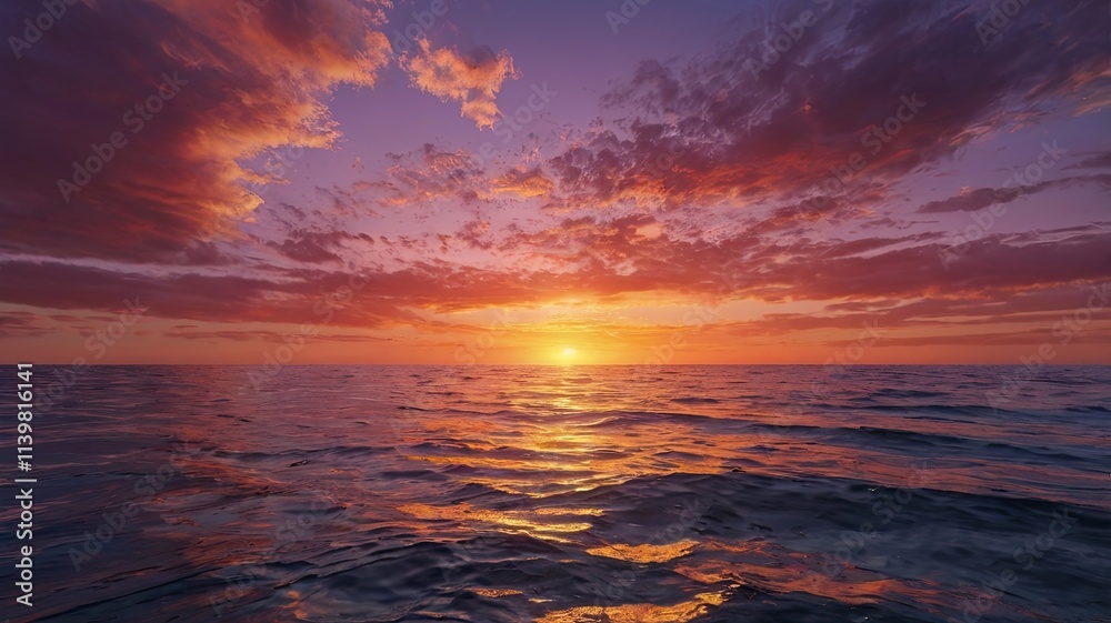 Serene Sunset over the Ocean: A breathtaking vista of the sun sinking beneath the horizon, casting a fiery glow across the rippling ocean waves. The sky explodes with vibrant hues of pink, orange. Serene Sunset over the Ocean: A breathtaking vista of the sun sinking beneath the horizon, casting a fiery glow across the rippling ocean waves. The sky explodes with vibrant hues of pink, orange.