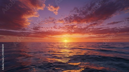 Serene Sunset over the Ocean: A breathtaking vista of the sun sinking beneath the horizon, casting a fiery glow across the rippling ocean waves. The sky explodes with vibrant hues of pink, orange.