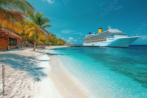 Cruise ship docked at tropical port on sunny day
