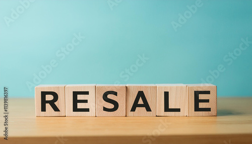 Word RESALE on wooden cubes. Wood blocks. photo