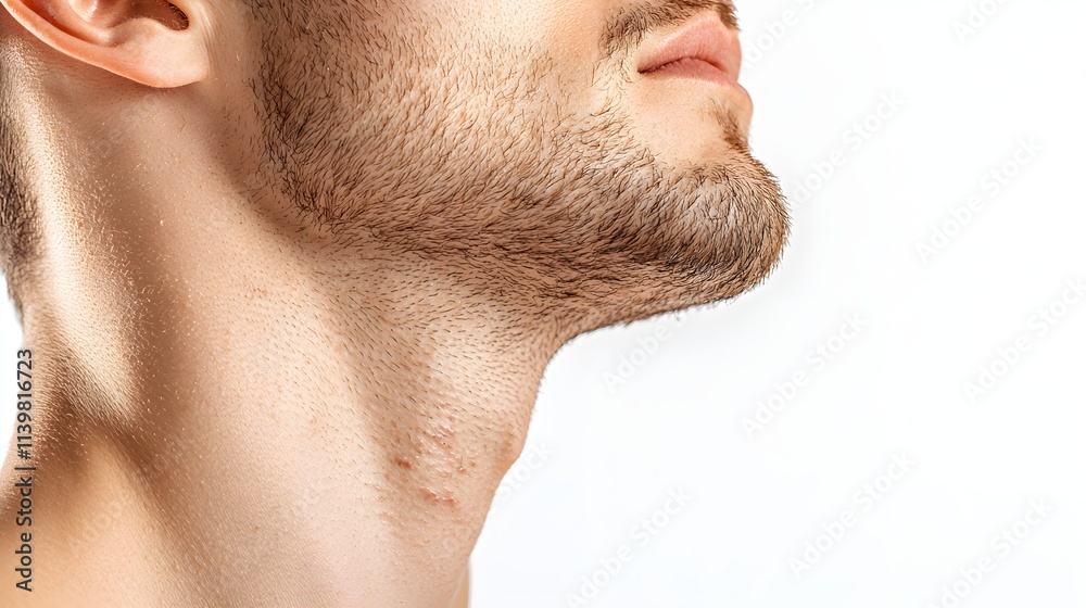 Obraz premium close-up shot of young man's face, acne scar texture, headshot style, honest and natural look, isolated on white background