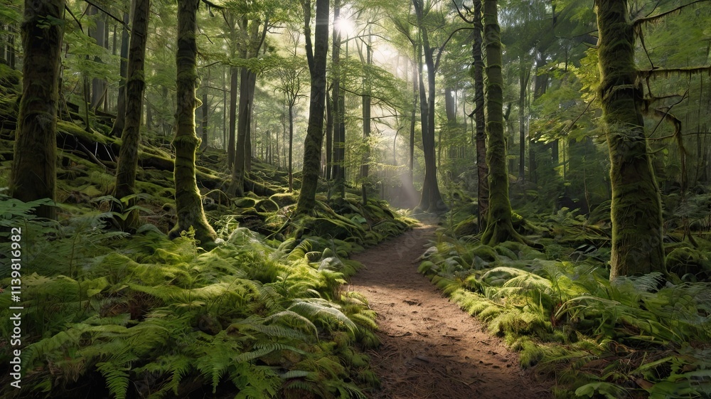 Obraz premium Sunlit Forest Path: A sunbeam illuminates a tranquil path winding through a lush, mossy forest, creating a serene and enchanting scene. The air is filled with the mystery of nature's embrace. 