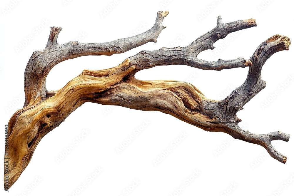 Intricate Dead Branch with Textured Bark Against a White Background Intricate Dead Branch with Textured Bark Against a White Background