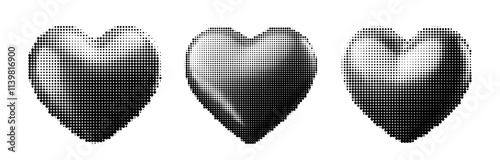 Halftone dotted 3D heart shapes for trendy y2k Valentines day retro collage. Set of vector textured hearts