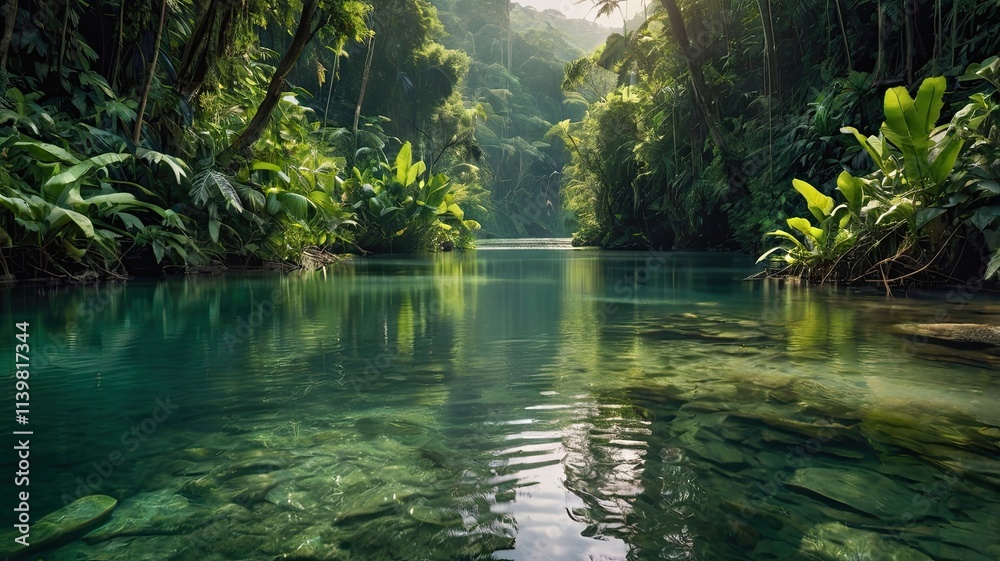 Serene Jungle River: Crystal clear river flows through lush green jungle. Tranquil and peaceful scene. Perfect for travel, nature, and adventure themes. Serene Jungle River: Crystal clear river flows through lush green jungle. Tranquil and peaceful scene. Perfect for travel, nature, and adventure themes.