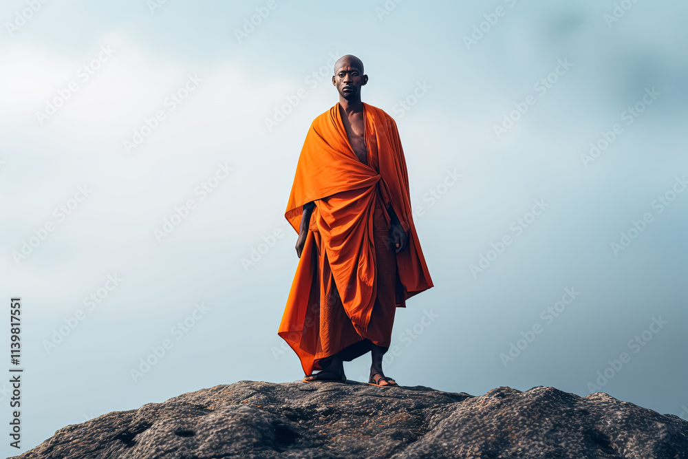 Fototapeta premium Monk stands on a mountain top, wearing an orange robe.