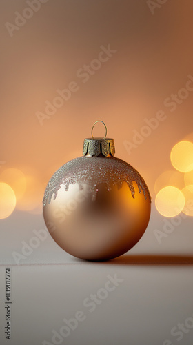 Ultra-high quality digital photograph of a single elegant Christmas ornament, placed on a soft gradient background with warm ambient lighting, minimalistic style, commercially