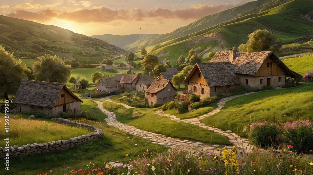 Sunset Village in the Valley: Charming stone houses nestled in a picturesque valley, bathed in the golden light of a setting sun. A tranquil scene of rural life. Sunset Village in the Valley: Charming stone houses nestled in a picturesque valley, bathed in the golden light of a setting sun. A tranquil scene of rural life.