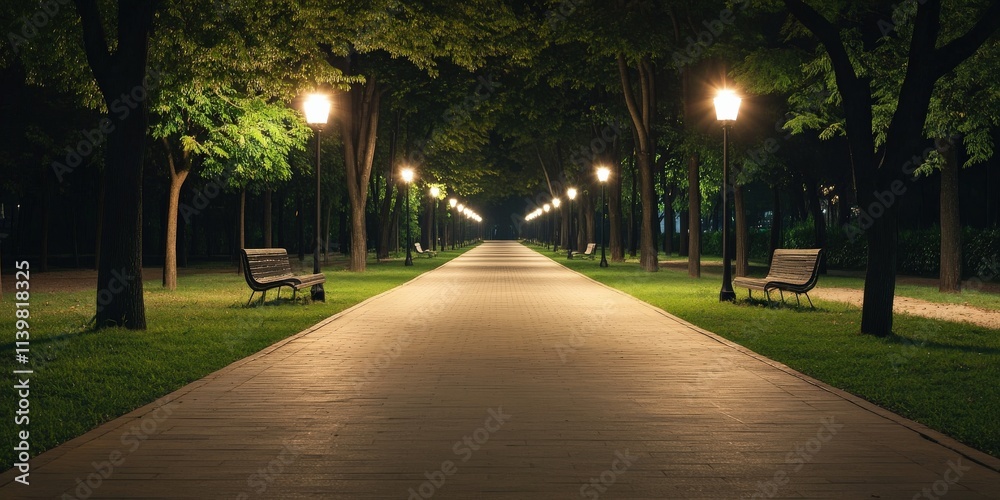 Obraz premium energy efficiency lighting optimization concept. Serene nighttime park pathway illuminated by lamps and surrounded by trees.