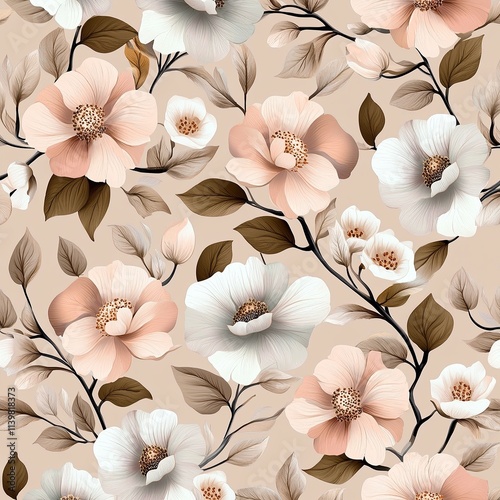Old-fashioned floral pattern in soft pastel pink and beige
