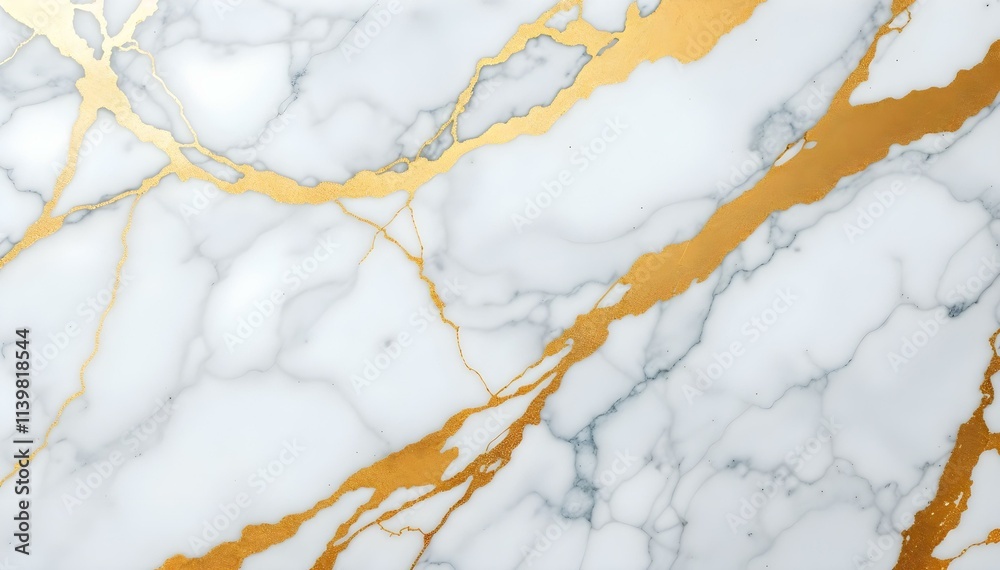 The image showcases a close-up view of a white marble surface adorned with intricate golden veins. The marble's natural texture is highlighted by the contrasting golden accents The image showcases a close-up view of a white marble surface adorned with intricate golden veins. The marble's natural texture is highlighted by the contrasting golden accents