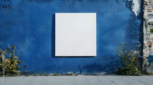 Blank canvas against deep blue wall for creative display